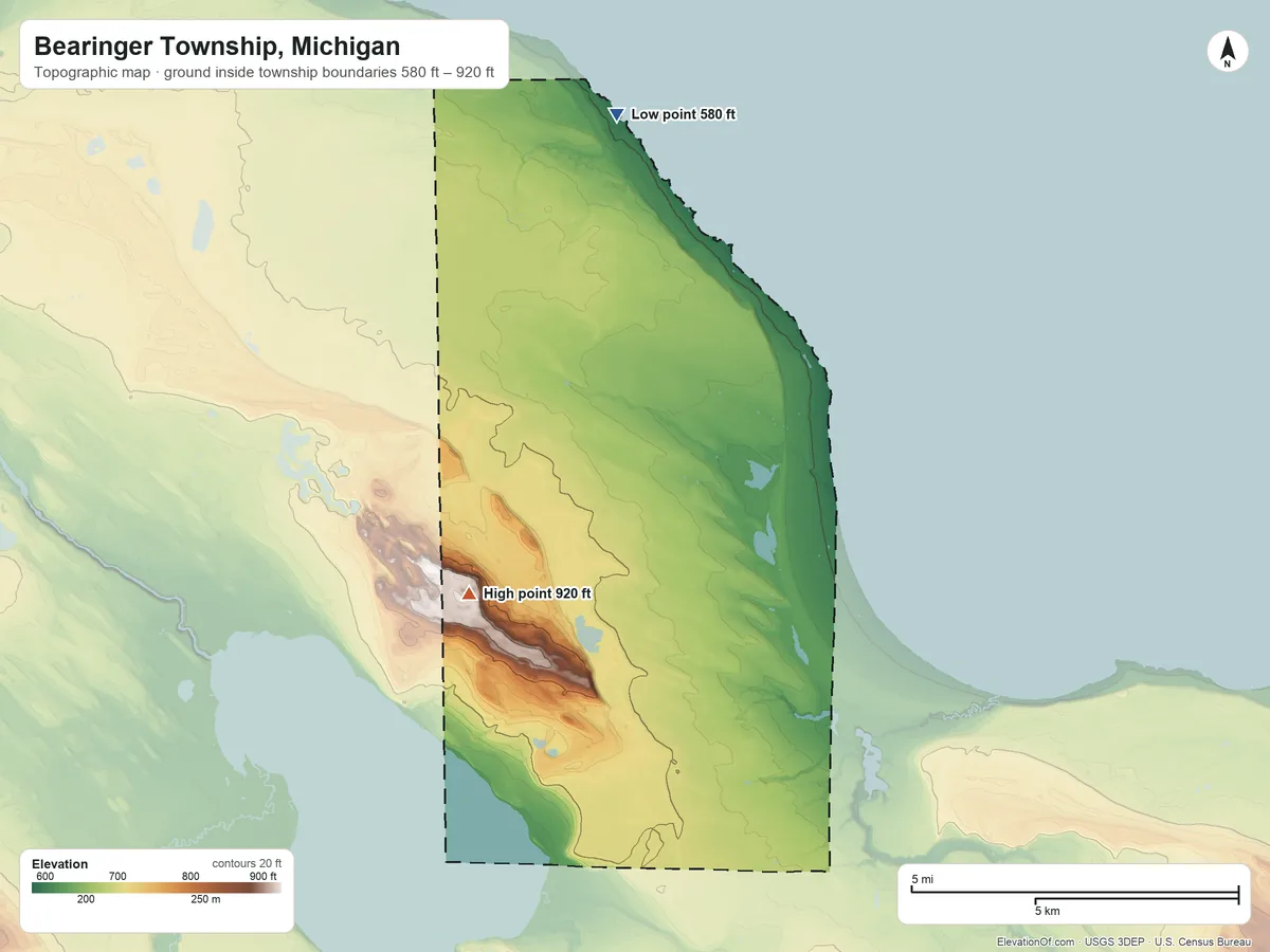 Topographic elevation map of Bearinger Township, Michigan, shaded from 580 ft on the north side to 920 ft on the southwest side