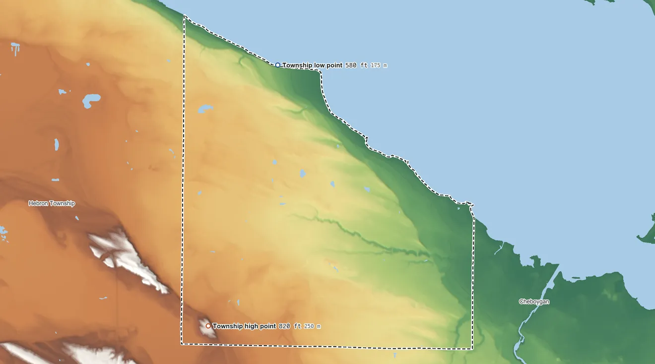 Topographic elevation map of Beaugrand Township, Michigan, shaded from 580 ft on the northwest side to 820 ft on the southwest side