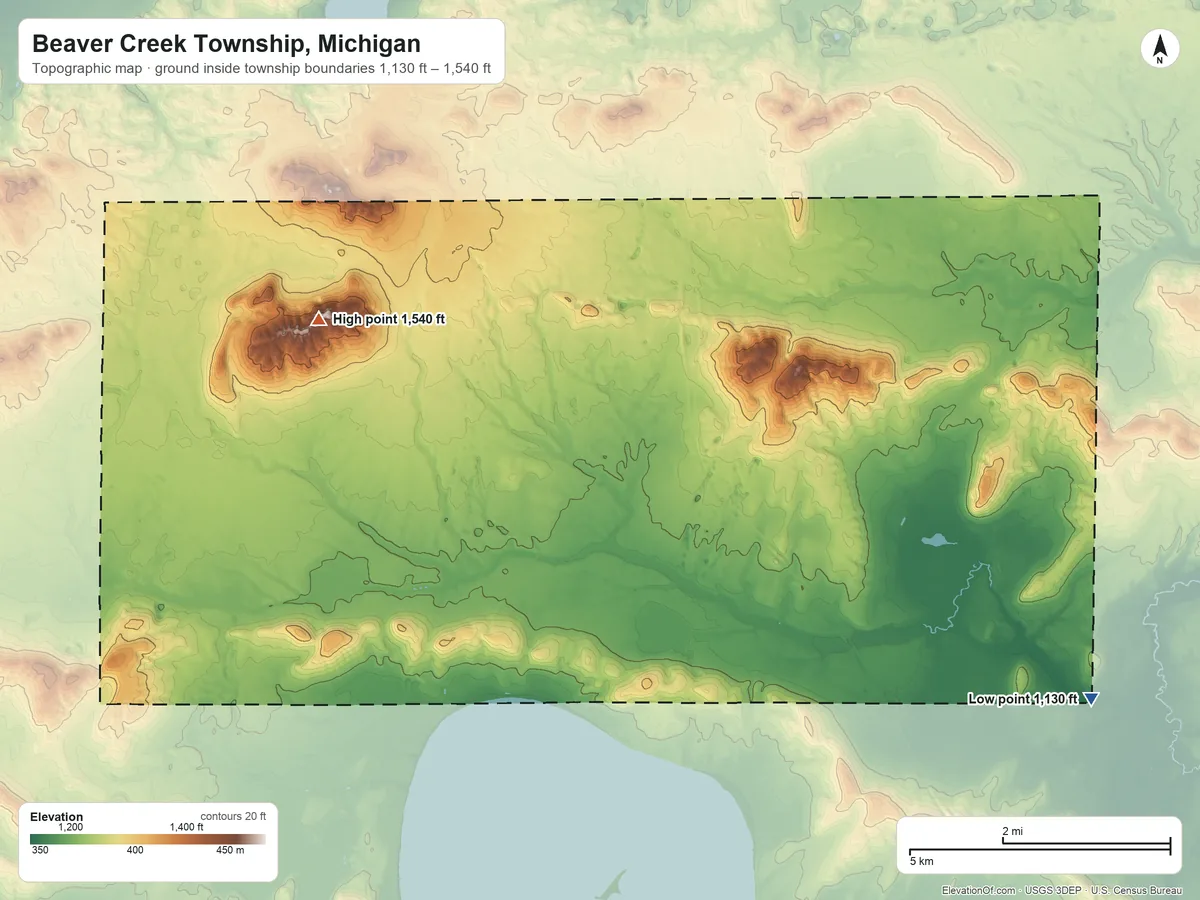 Topographic elevation map of Beaver Creek Township, Michigan, shaded from 1,130 ft on the southeast side to 1,540 ft on the northwest side