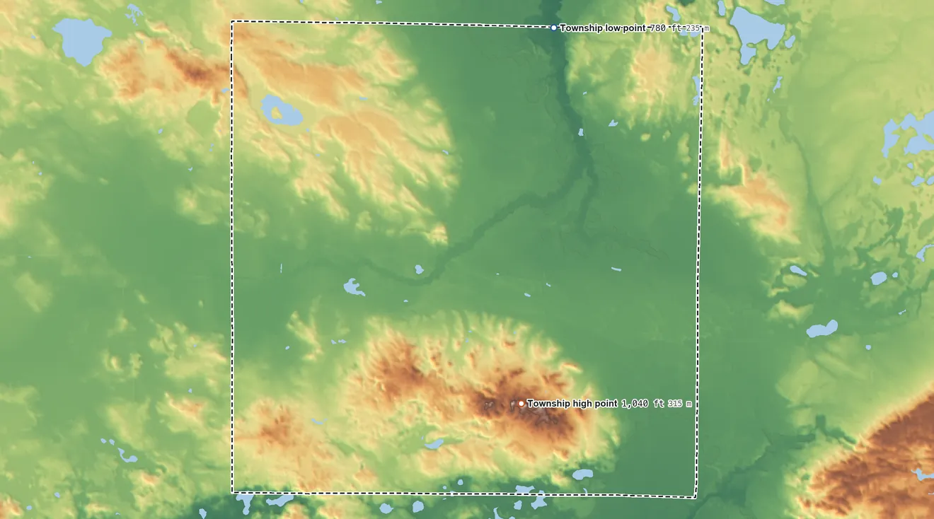 Topographic elevation map of Beaver Township, Newaygo County, Michigan, shaded from 780 ft on the northeast side to 1,040 ft on the southeast side
