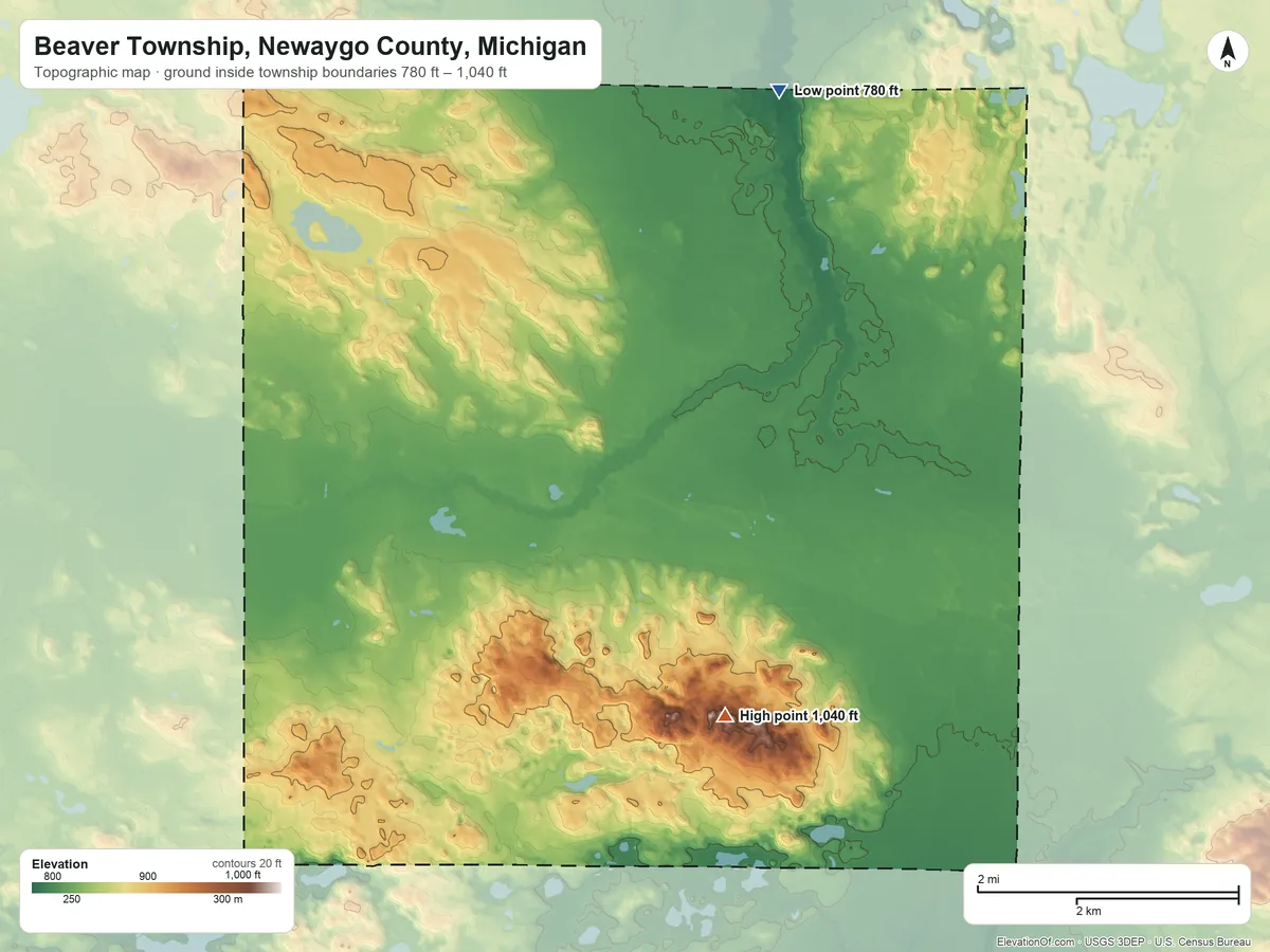 Topographic elevation map of Beaver Township, Newaygo County, Michigan, shaded from 780 ft on the northeast side to 1,040 ft on the southeast side