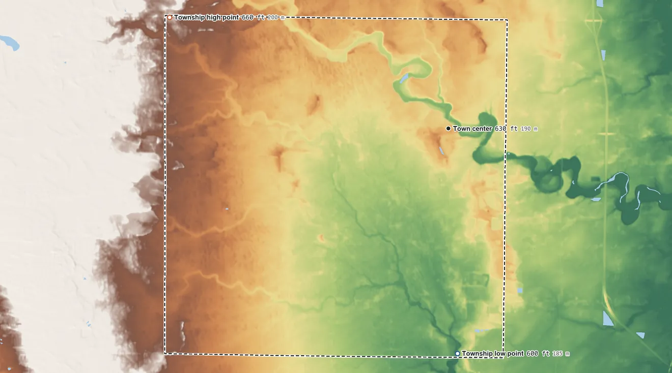 Topographic elevation map of Beaver Township, Michigan, shaded from 600 ft on the south side to 660 ft on the west side