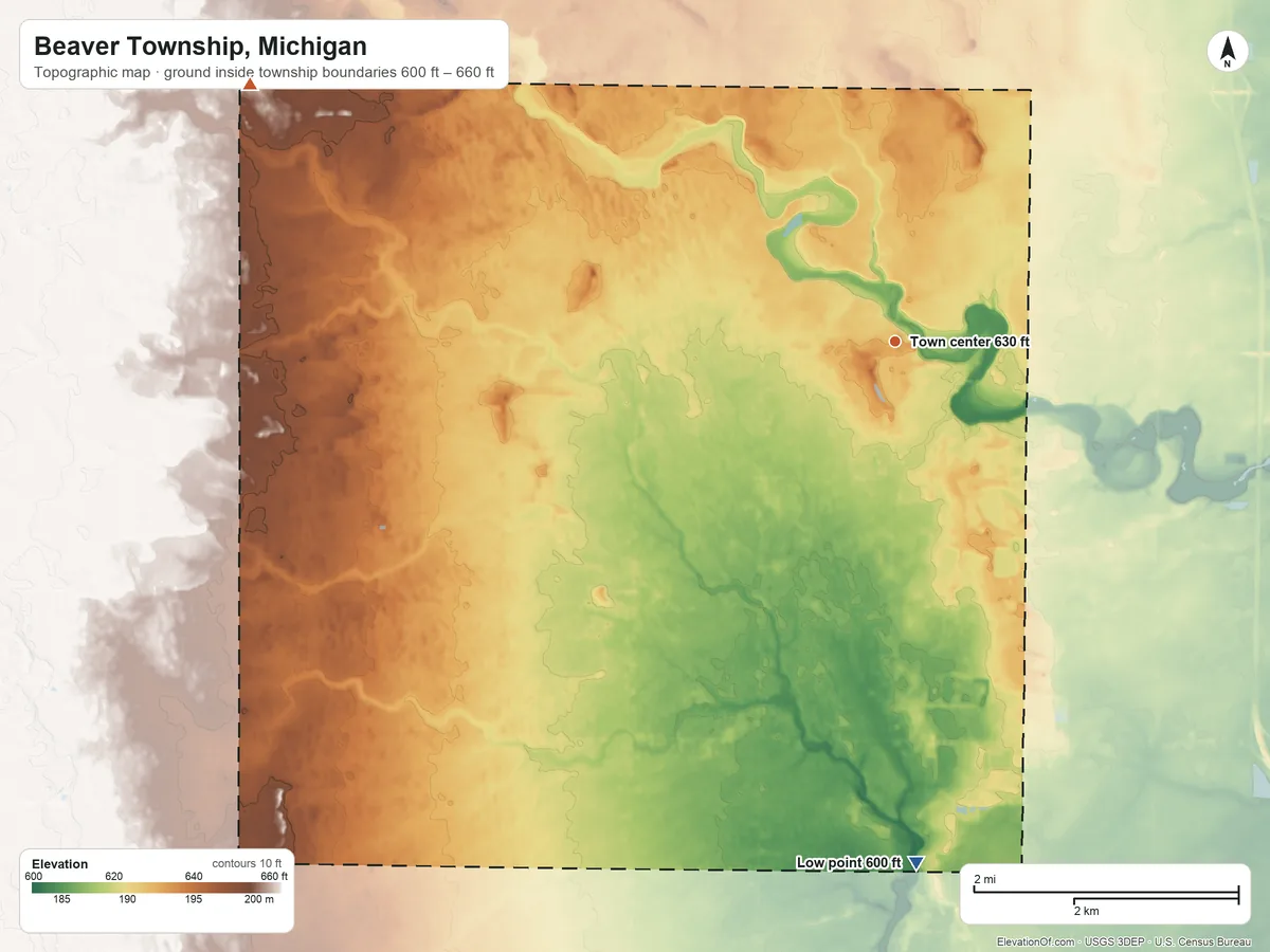 Topographic elevation map of Beaver Township, Michigan, shaded from 600 ft on the south side to 660 ft on the west side