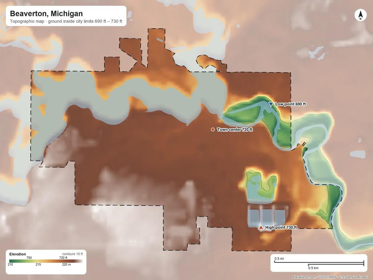 Topographic elevation map of Beaverton, Michigan, shaded from 690 ft on the northeast side to 730 ft on the southeast side