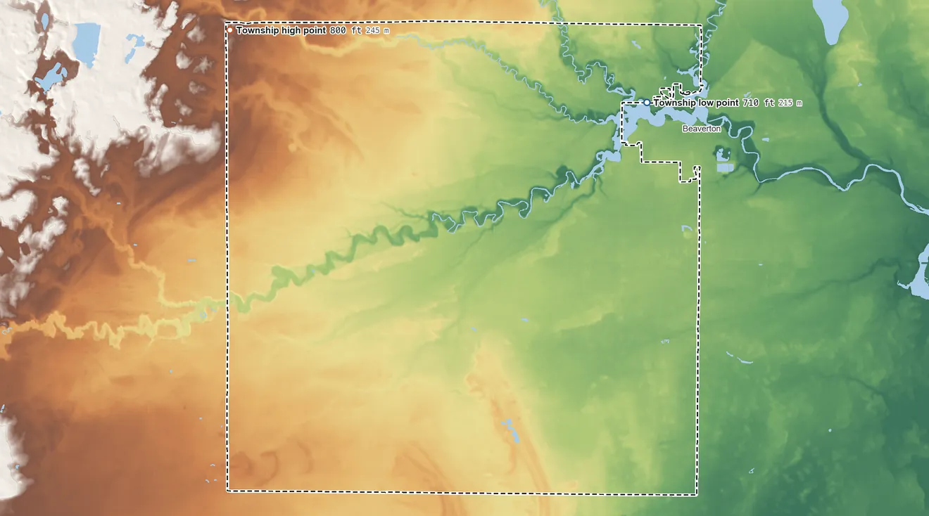 Topographic elevation map of Beaverton Township, Michigan, shaded from 710 ft on the northeast side to 800 ft on the northwest side