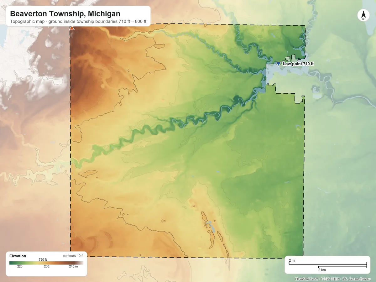 Topographic elevation map of Beaverton Township, Michigan, shaded from 710 ft on the northeast side to 800 ft on the northwest side