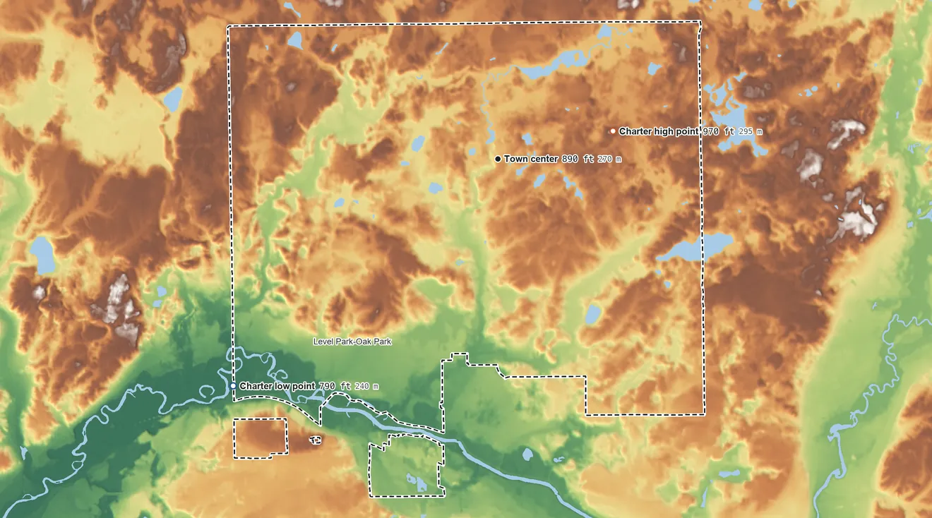 Topographic elevation map of Bedford Township, Calhoun County, Michigan, shaded from 790 ft on the southwest side to 970 ft on the east side