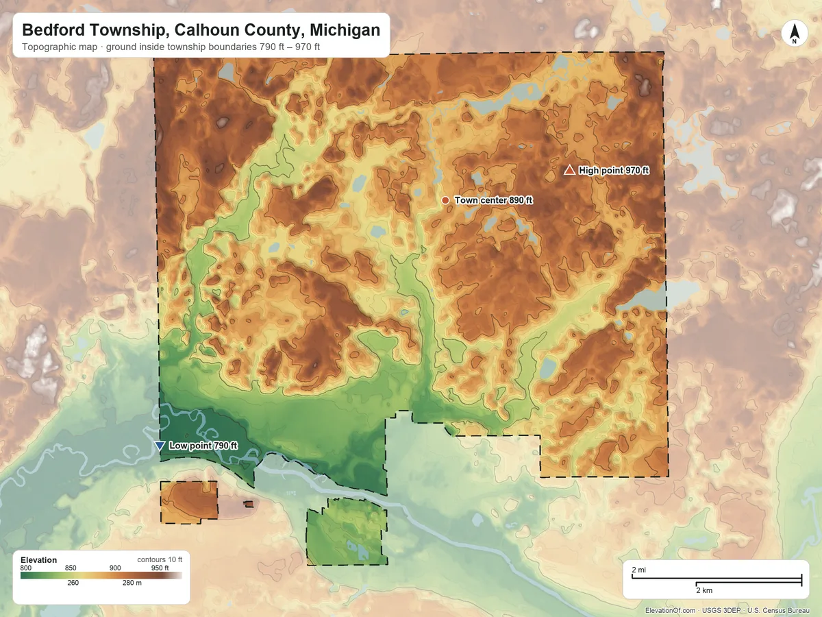 Topographic elevation map of Bedford Township, Calhoun County, Michigan, shaded from 790 ft on the southwest side to 970 ft on the east side
