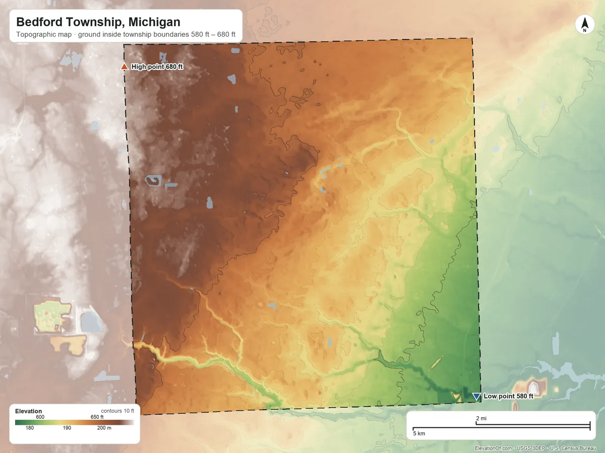 Topographic elevation map of Bedford Township, Michigan, shaded from 580 ft on the southeast side to 680 ft on the northwest side