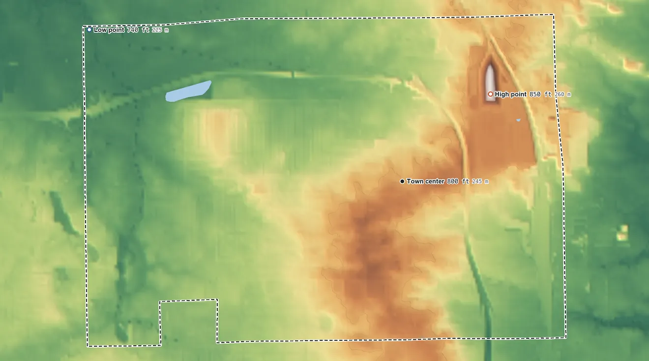 Topographic elevation map of Beecher, Michigan, shaded from 740 ft on the northwest side to 850 ft on the northeast side