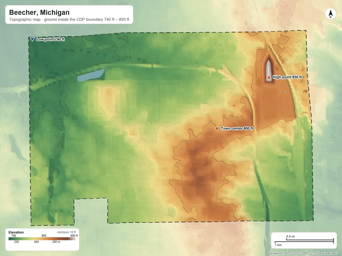 Topographic elevation map of Beecher, Michigan, shaded from 740 ft on the northwest side to 850 ft on the northeast side