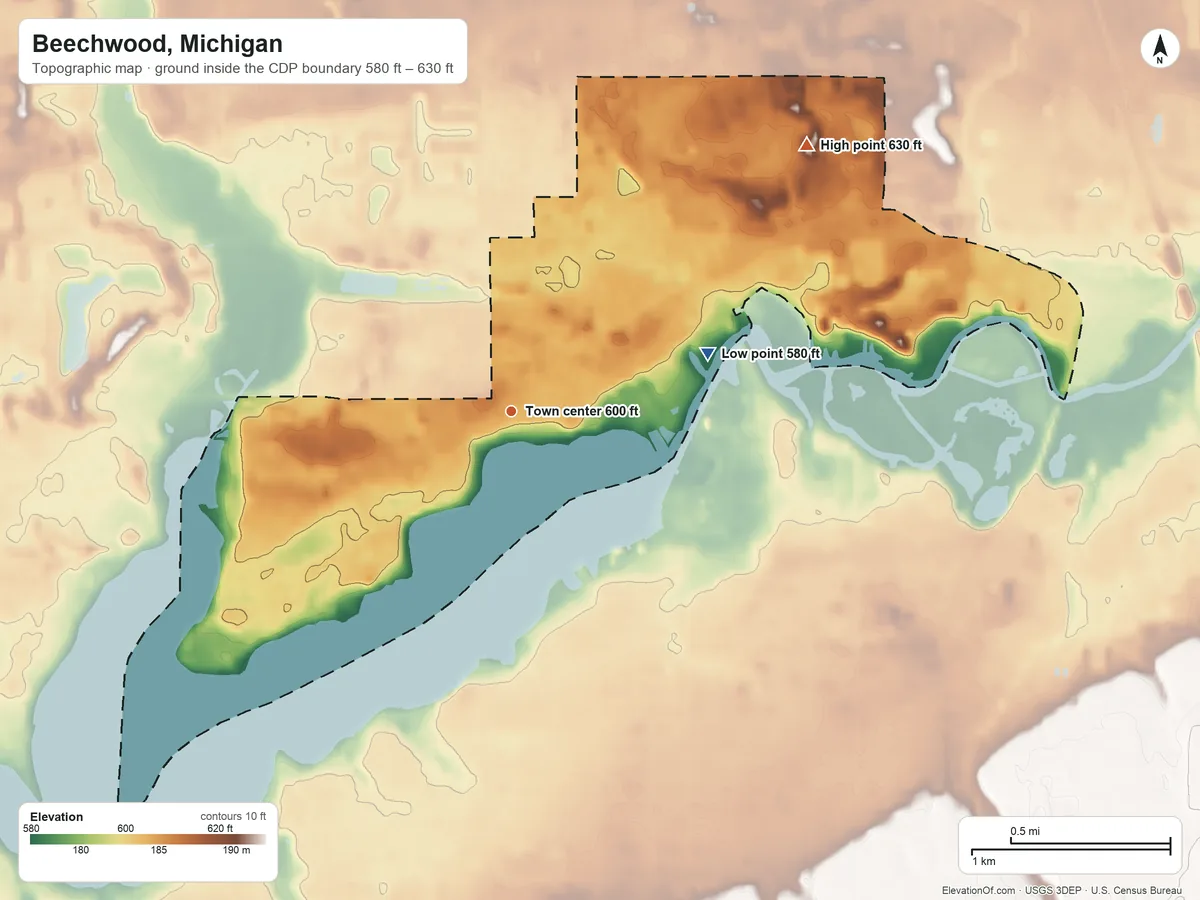 Topographic elevation map of Beechwood, Michigan, shaded from 580 ft on the east side to 630 ft on the northeast side