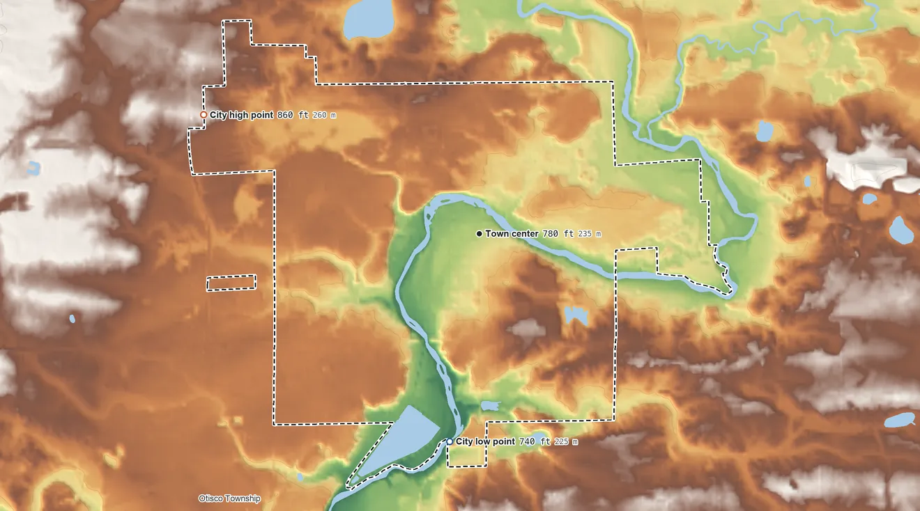 Topographic elevation map of Belding, Michigan, shaded from 740 ft on the south side to 860 ft on the northwest side