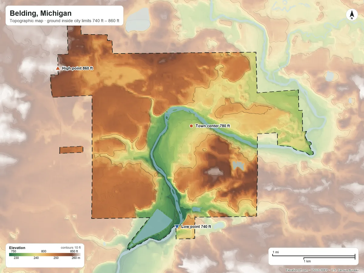 Topographic elevation map of Belding, Michigan, shaded from 740 ft on the south side to 860 ft on the northwest side