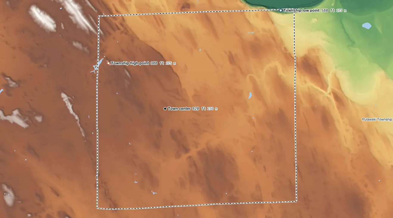 Topographic elevation map of Belknap Township, Michigan, shaded from 580 ft on the northeast side to 900 ft on the northwest side