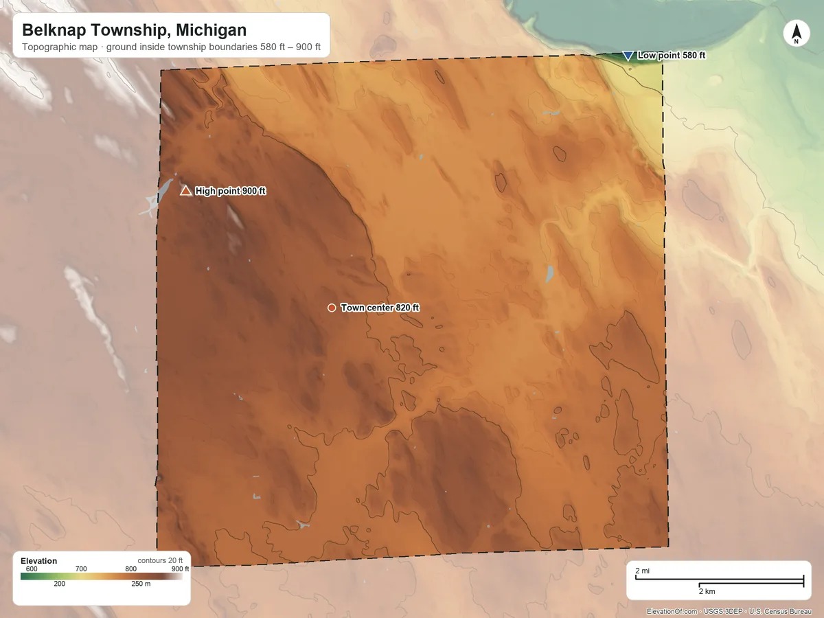 Topographic elevation map of Belknap Township, Michigan, shaded from 580 ft on the northeast side to 900 ft on the northwest side