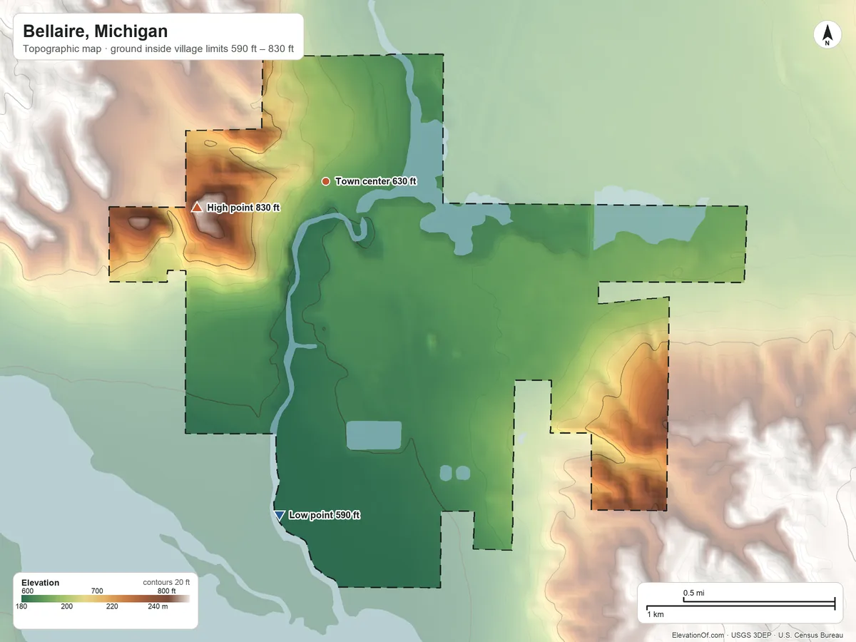 Topographic elevation map of Bellaire, Michigan, shaded from 590 ft on the south side to 830 ft on the west side