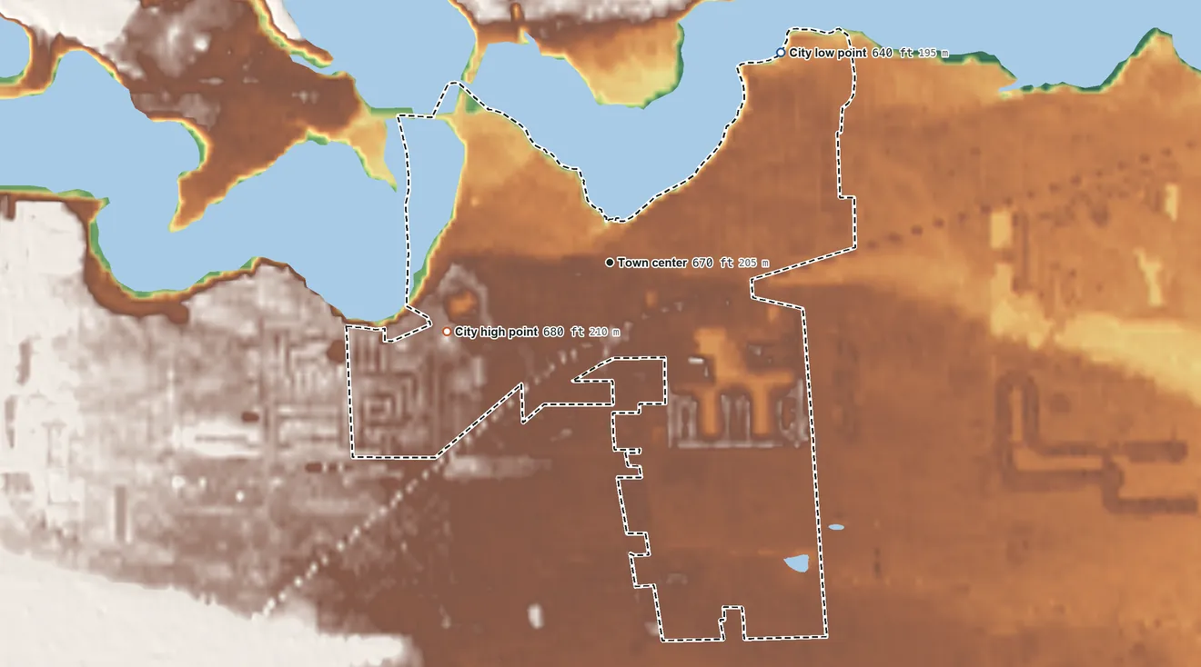 Topographic elevation map of Belleville, Michigan, shaded from 640 ft on the northeast side to 680 ft on the southwest side