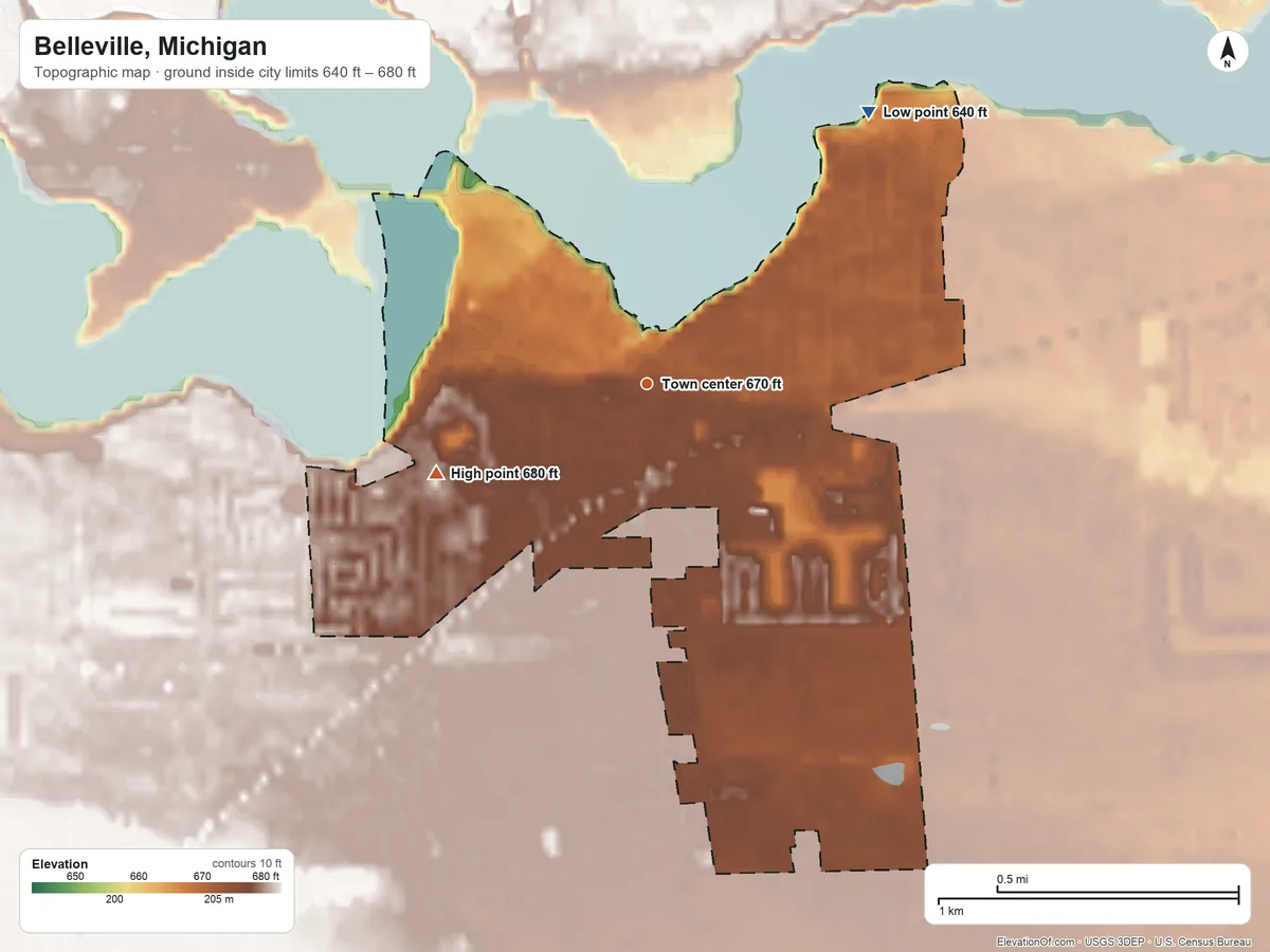 Topographic elevation map of Belleville, Michigan, shaded from 640 ft on the northeast side to 680 ft on the southwest side