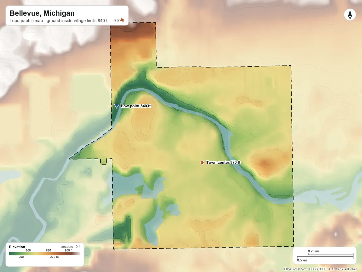 Topographic elevation map of Bellevue, Michigan, shaded from 840 ft on the northwest side to 910 ft on the northwest side