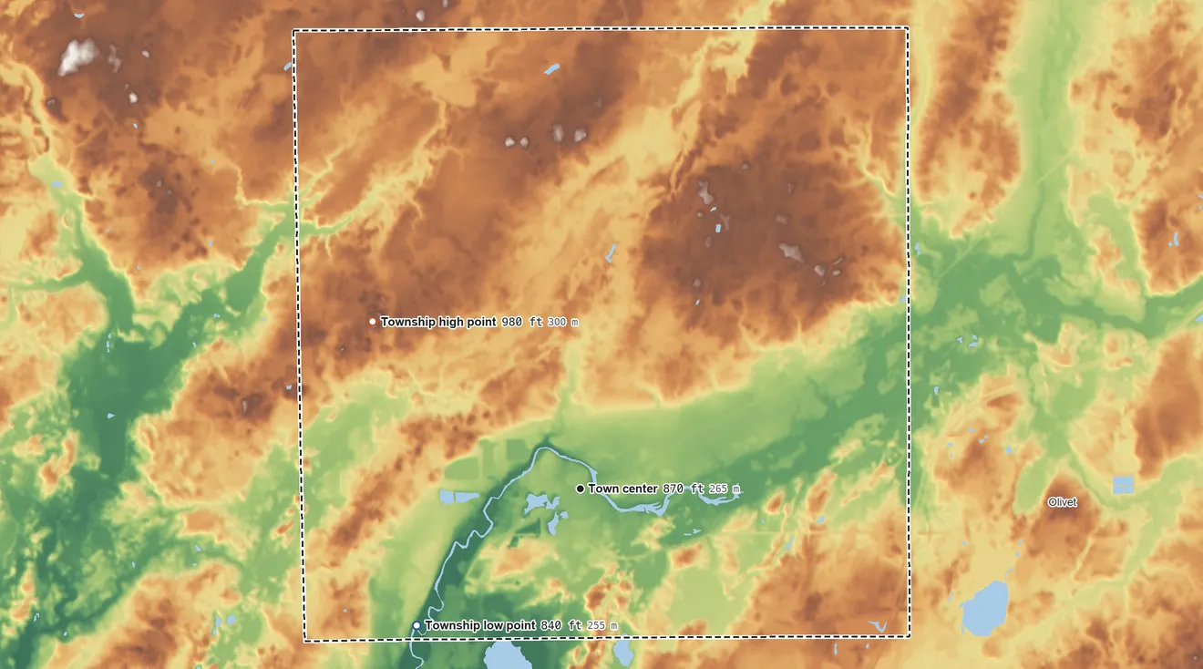 Topographic elevation map of Bellevue Township, Michigan, shaded from 840 ft on the southwest side to 980 ft on the northwest side