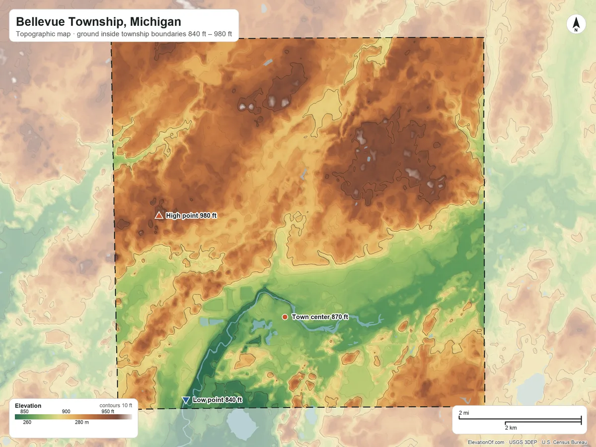 Topographic elevation map of Bellevue Township, Michigan, shaded from 840 ft on the southwest side to 980 ft on the northwest side