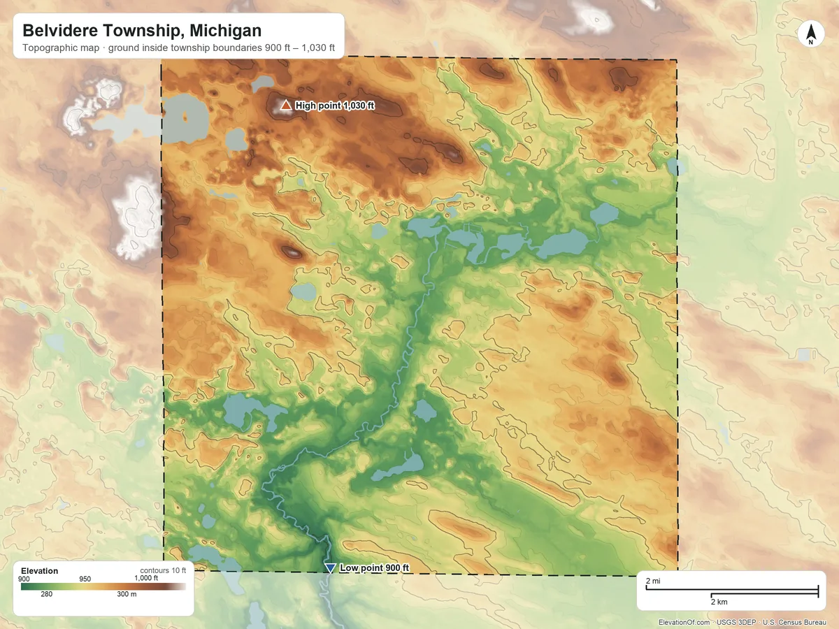 Topographic elevation map of Belvidere Township, Michigan, shaded from 900 ft on the south side to 1,030 ft on the northwest side