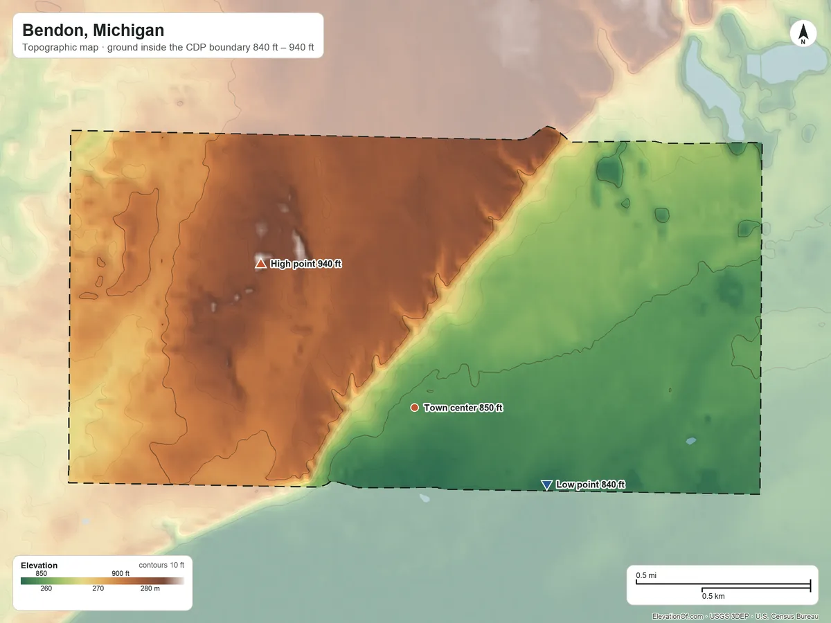 Topographic elevation map of Bendon, Michigan, shaded from 840 ft on the southeast side to 940 ft on the northwest side