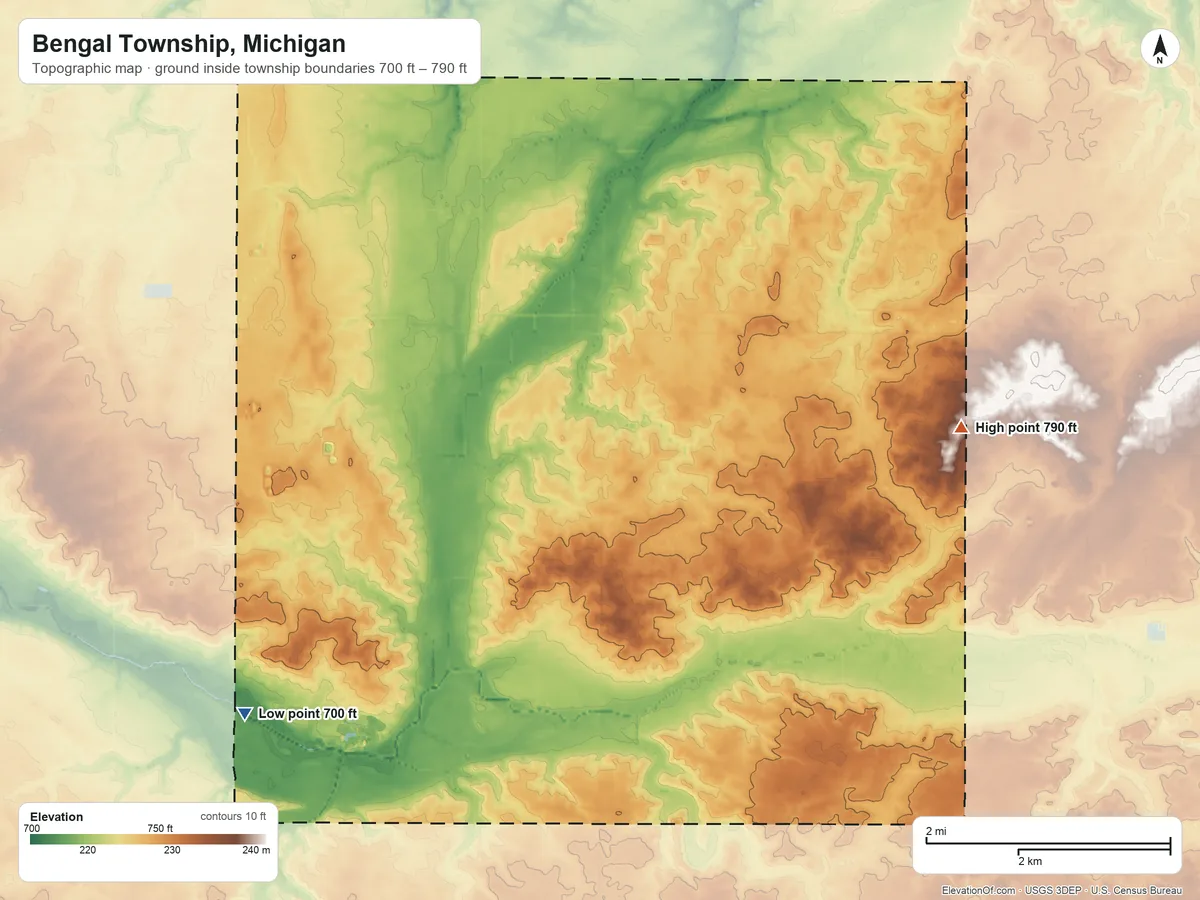Topographic elevation map of Bengal Township, Michigan, shaded from 700 ft on the southwest side to 790 ft on the east side