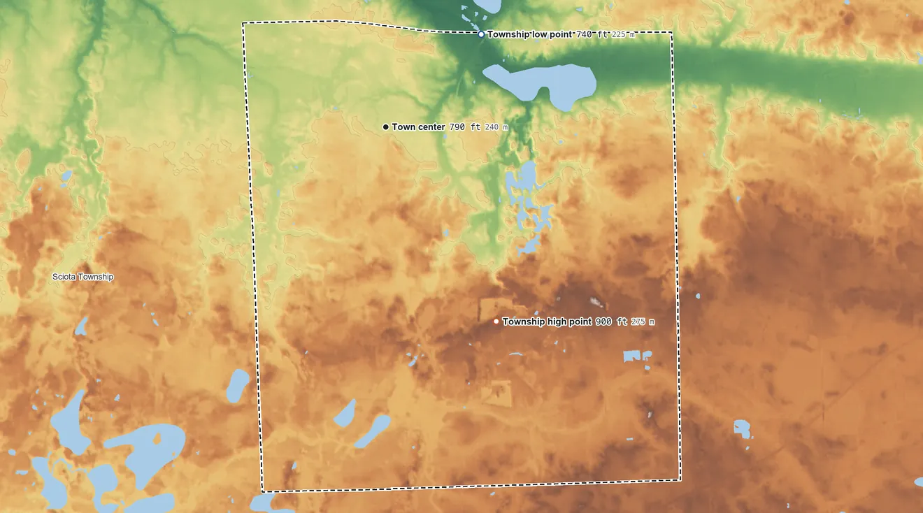 Topographic elevation map of Bennington Township, Michigan, shaded from 740 ft on the northeast side to 900 ft on the southeast side