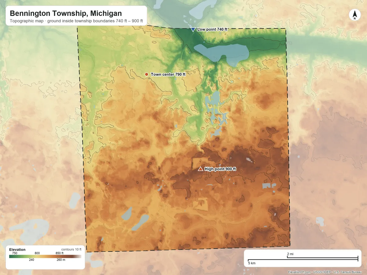 Topographic elevation map of Bennington Township, Michigan, shaded from 740 ft on the northeast side to 900 ft on the southeast side