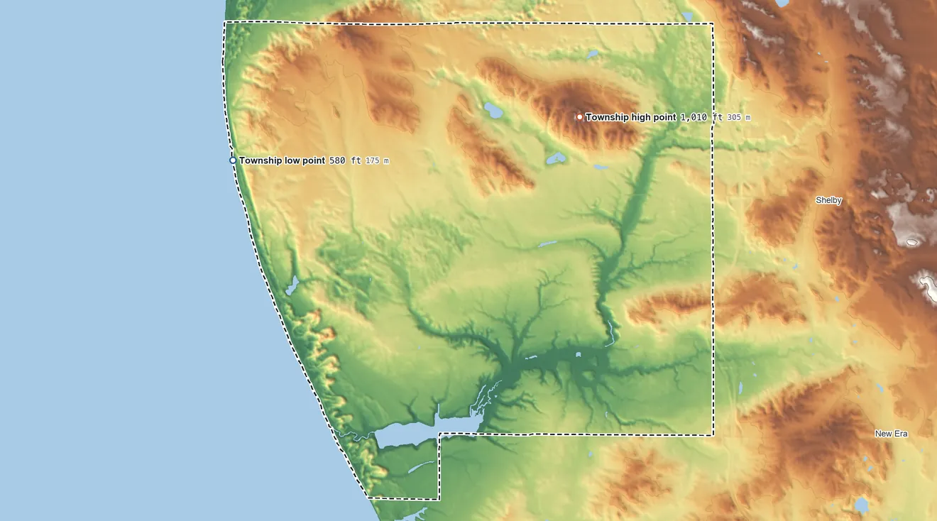 Topographic elevation map of Benona Township, Michigan, shaded from 580 ft on the west side to 1,010 ft on the northeast side