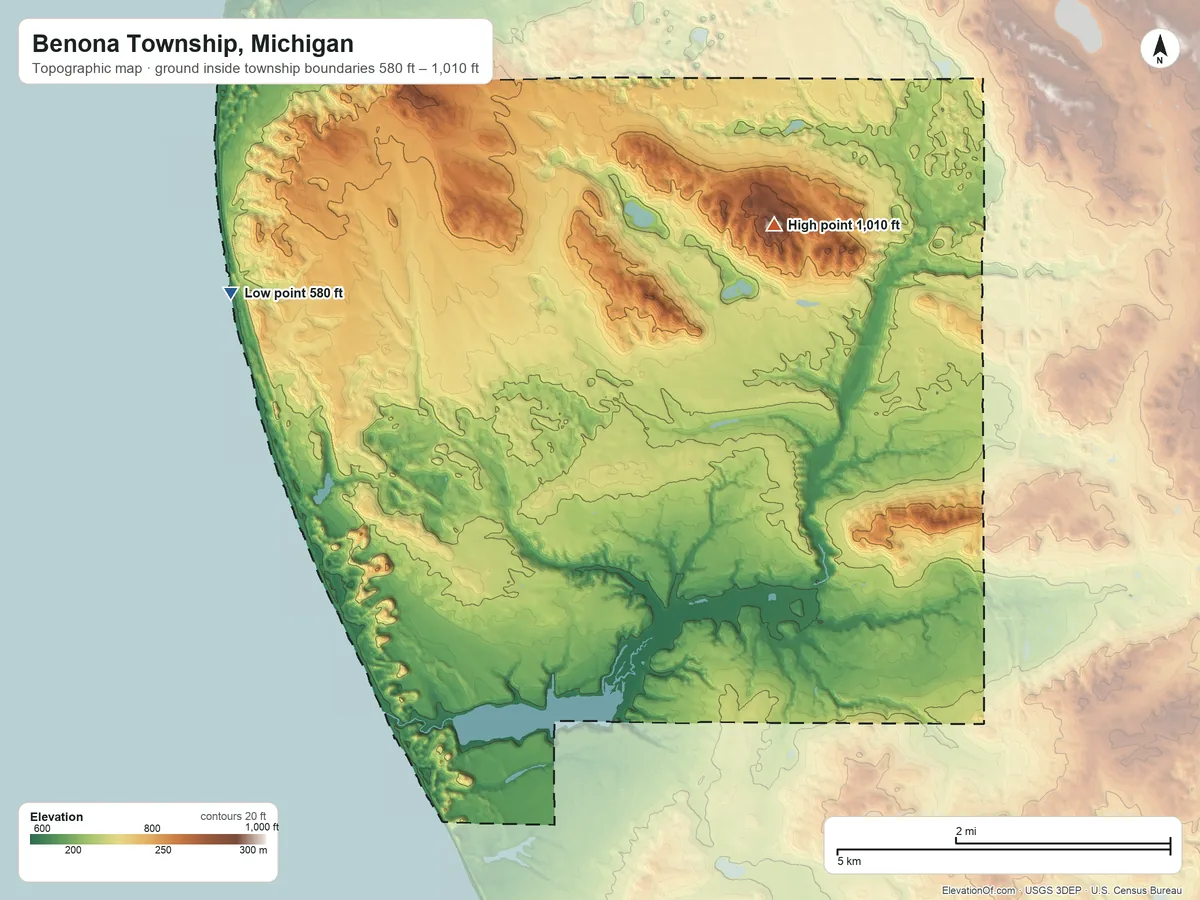 Topographic elevation map of Benona Township, Michigan, shaded from 580 ft on the west side to 1,010 ft on the northeast side