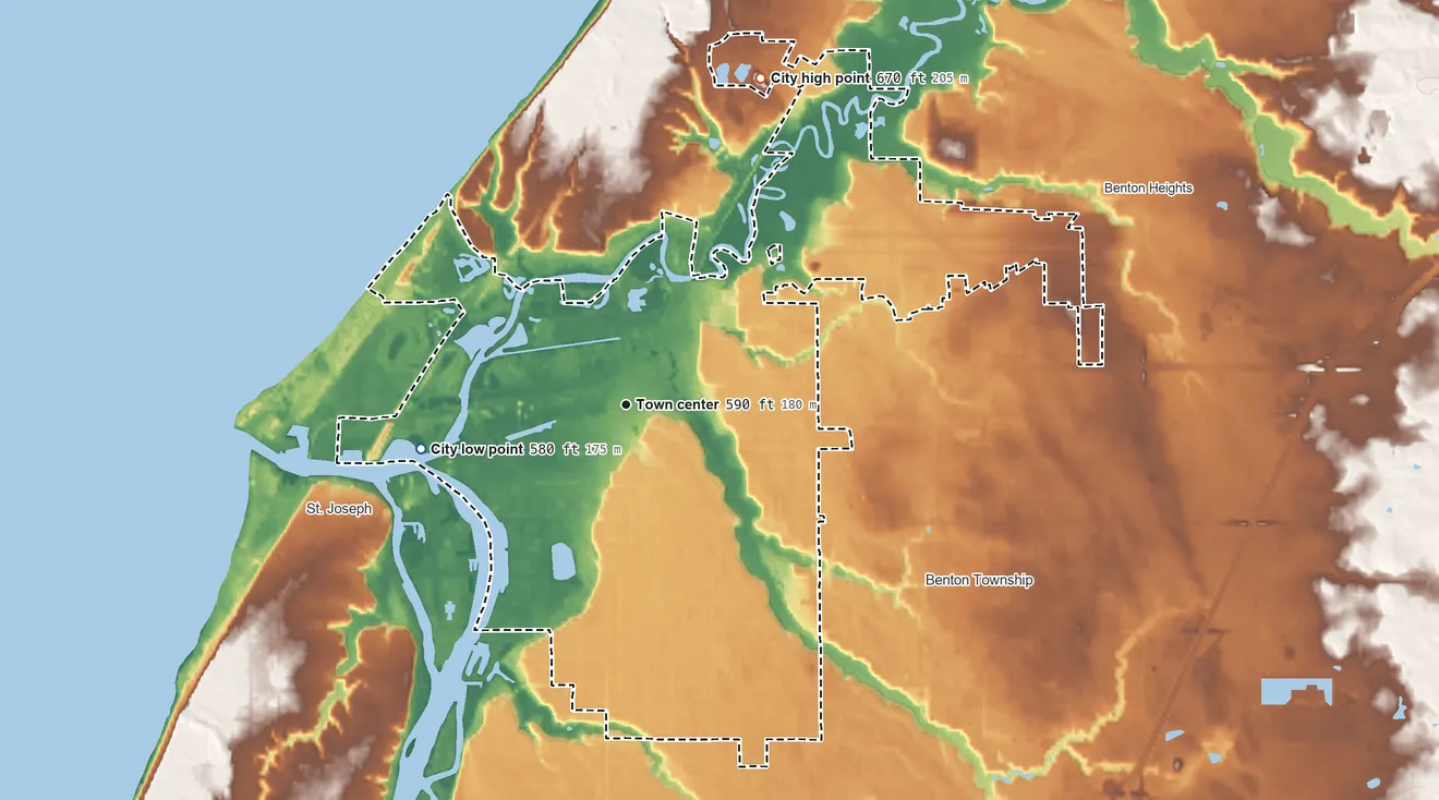 Topographic elevation map of Benton Harbor, Michigan, shaded from 580 ft on the west side to 670 ft on the north side