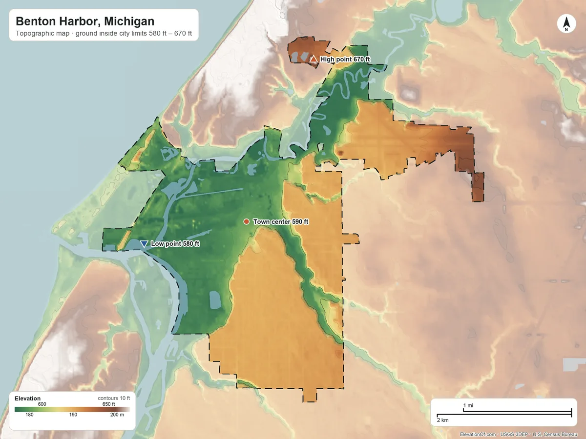 Topographic elevation map of Benton Harbor, Michigan, shaded from 580 ft on the west side to 670 ft on the north side