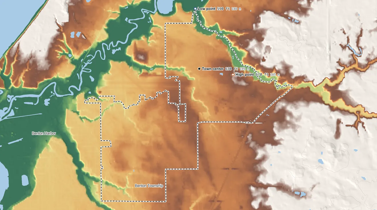 Topographic elevation map of Benton Heights, Michigan, shaded from 590 ft on the north side to 670 ft on the east side