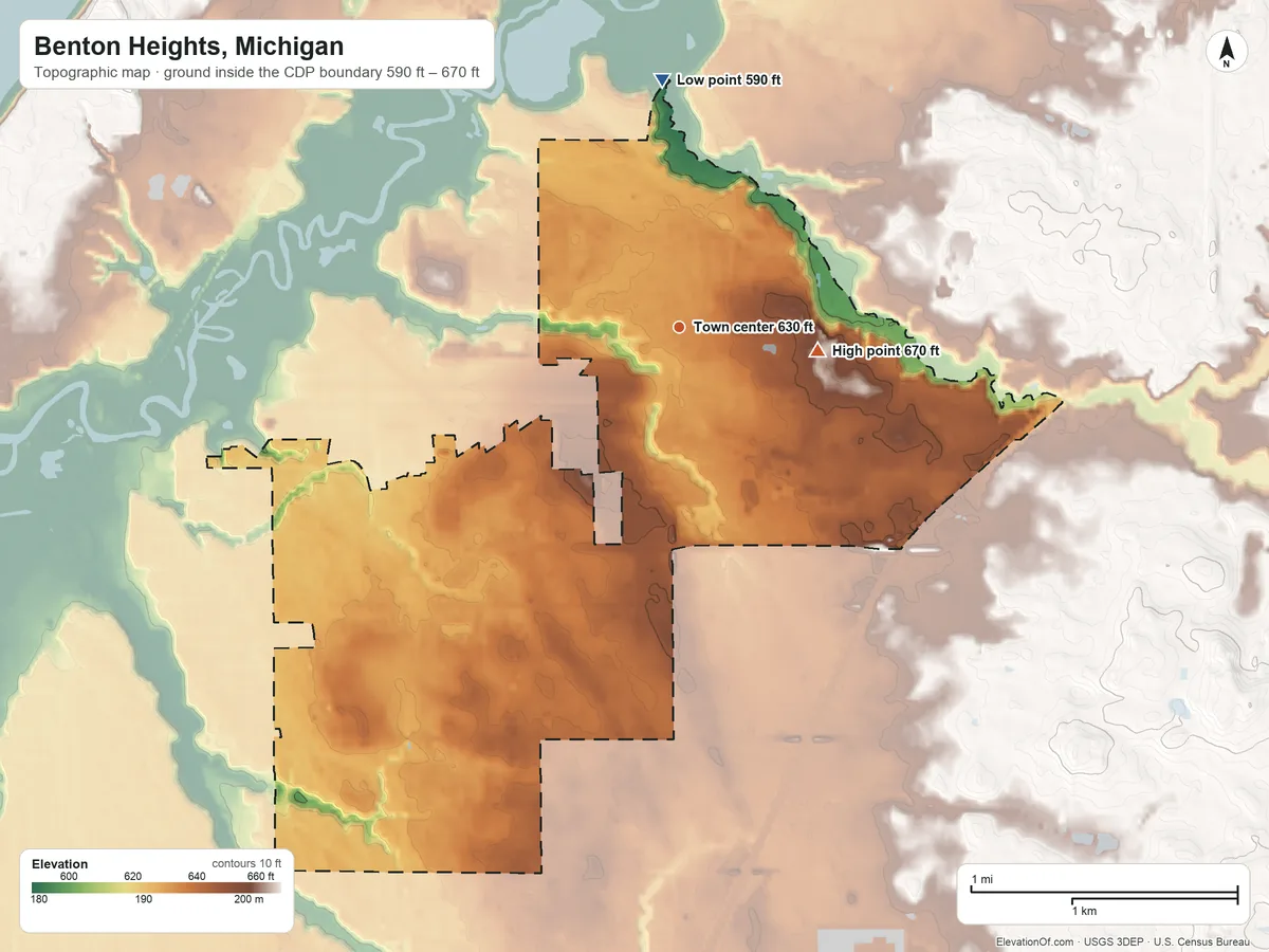 Topographic elevation map of Benton Heights, Michigan, shaded from 590 ft on the north side to 670 ft on the east side