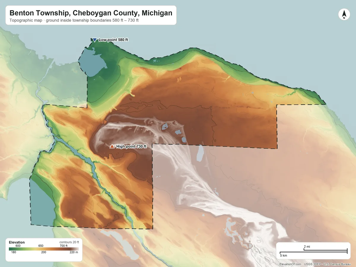 Topographic elevation map of Benton Township, Cheboygan County, Michigan, shaded from 580 ft on the north side to 730 ft near the middle
