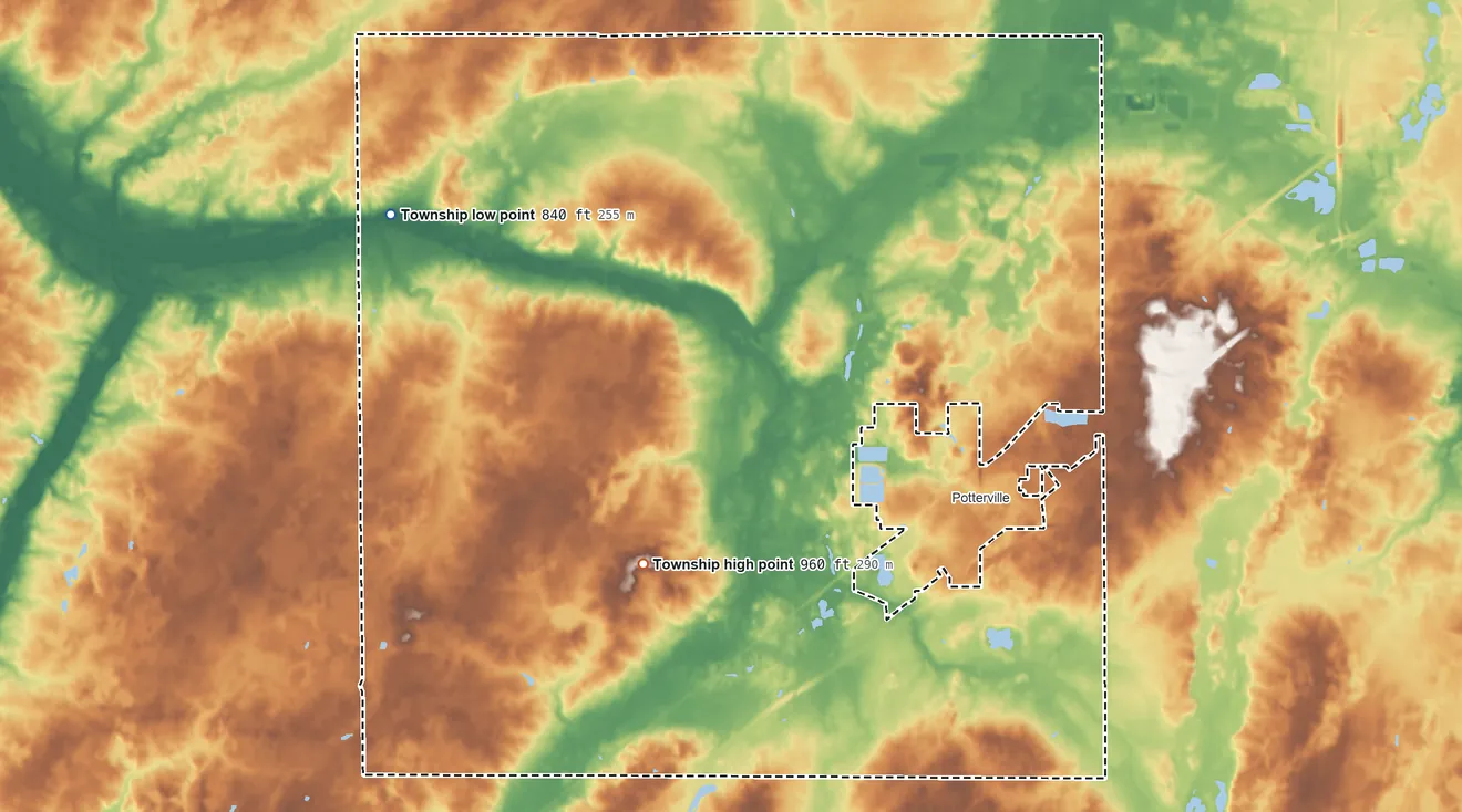 Topographic elevation map of Benton Township, Eaton County, Michigan, shaded from 840 ft on the west side to 960 ft on the southwest side