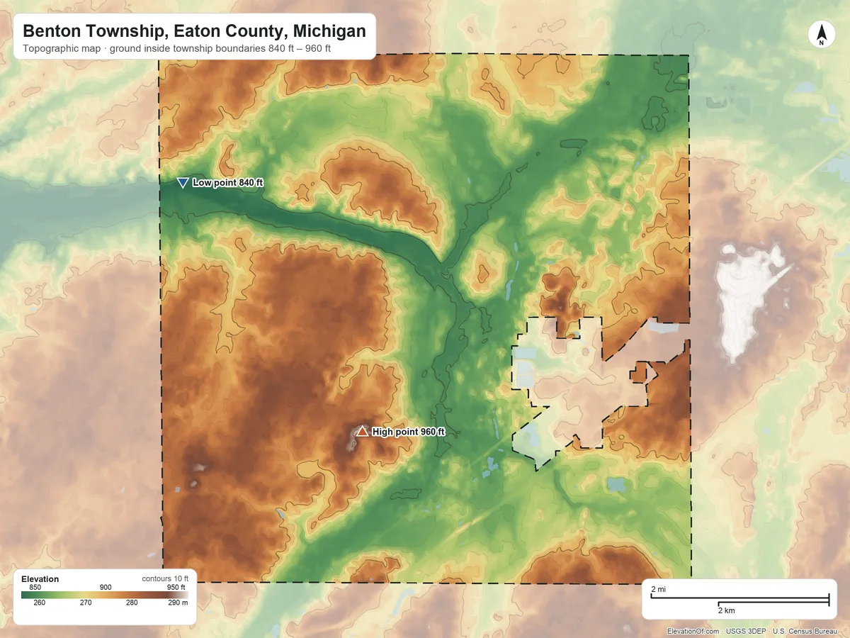 Topographic elevation map of Benton Township, Eaton County, Michigan, shaded from 840 ft on the west side to 960 ft on the southwest side