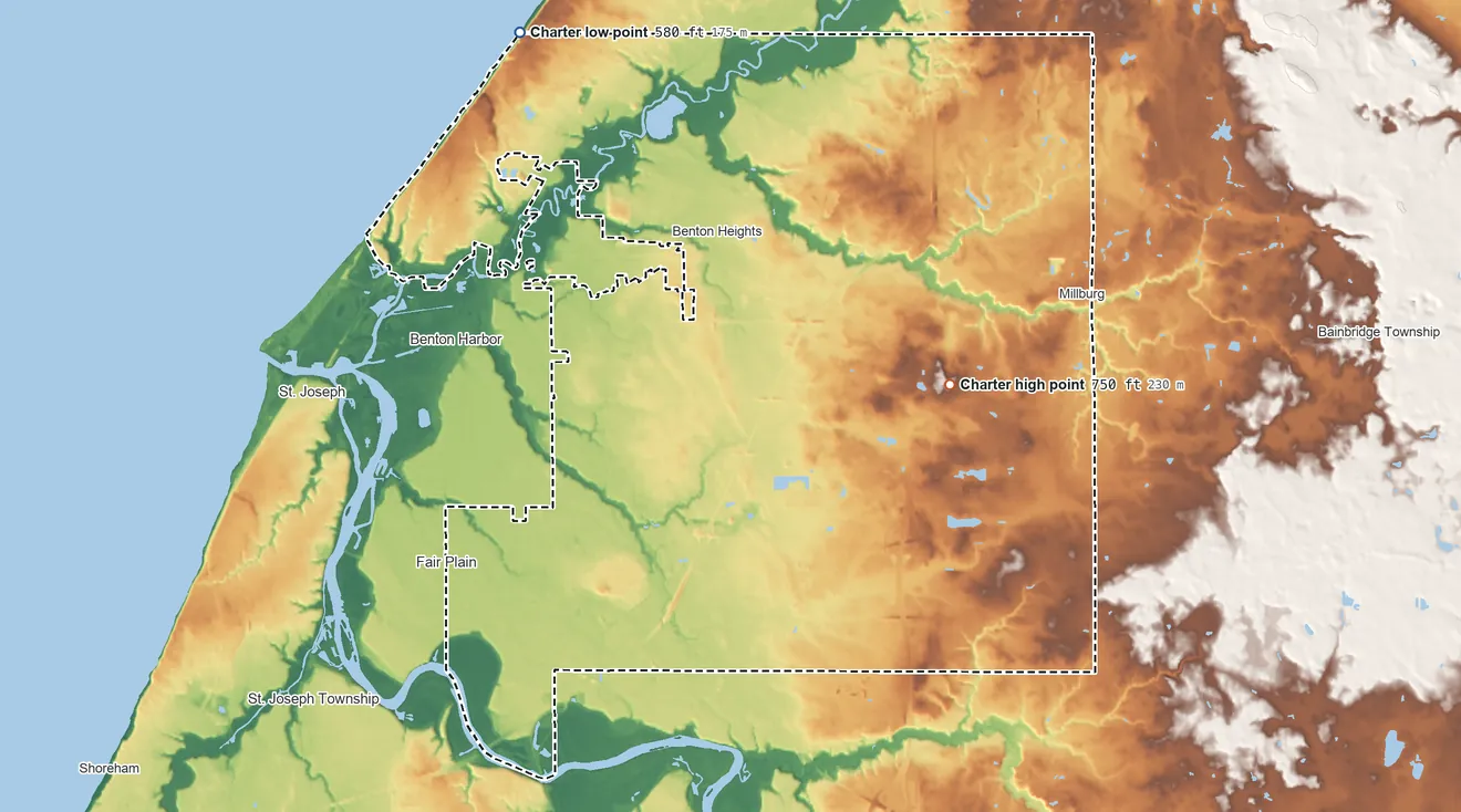 Topographic elevation map of Benton Township, Michigan, shaded from 580 ft on the north side to 750 ft on the east side