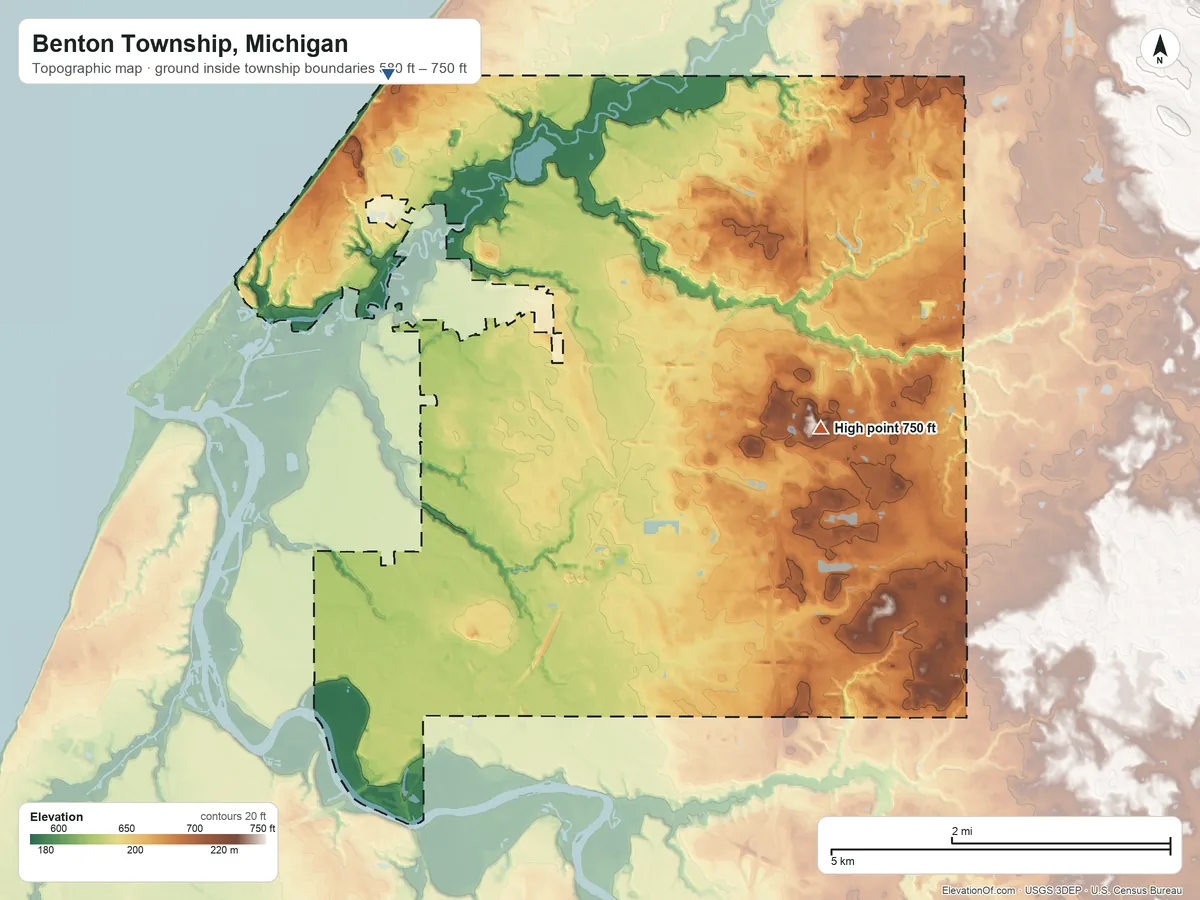 Topographic elevation map of Benton Township, Michigan, shaded from 580 ft on the north side to 750 ft on the east side