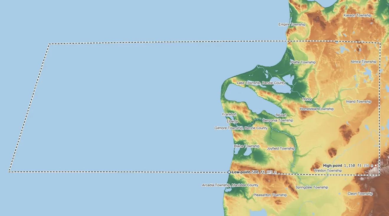 Topographic elevation map of Benzie County, Michigan, shaded from 580 ft on the southeast side to 1,150 ft on the east side