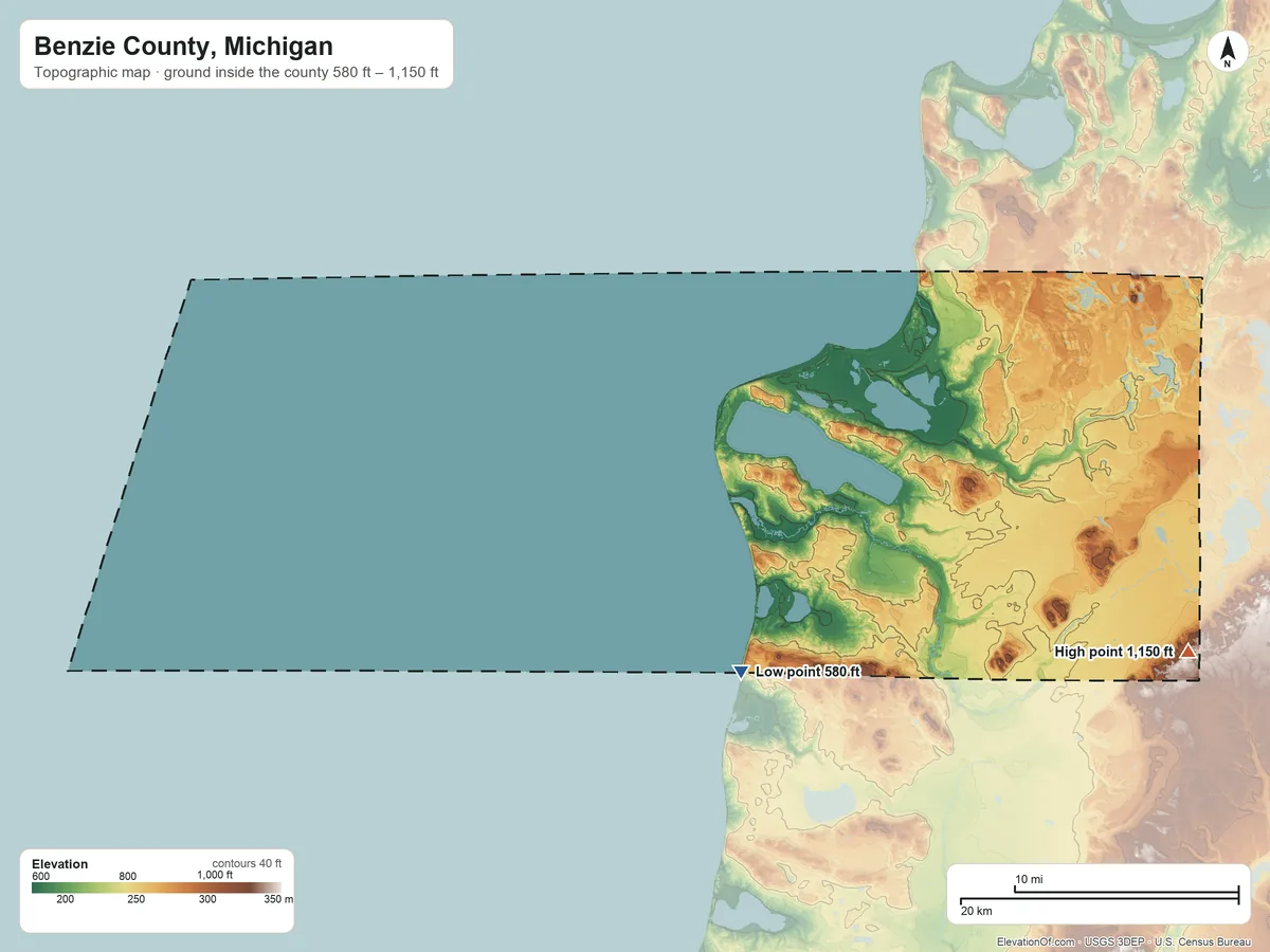 Topographic elevation map of Benzie County, Michigan, shaded from 580 ft on the southeast side to 1,150 ft on the east side
