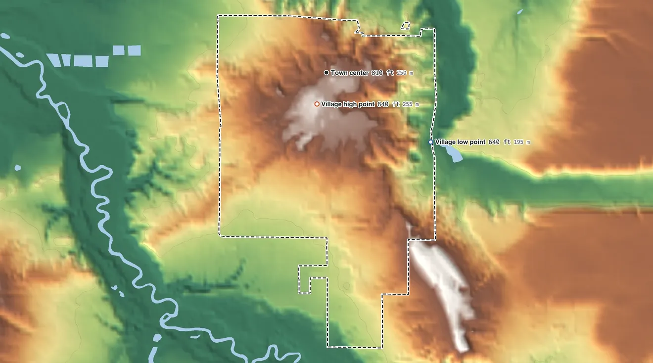 Topographic elevation map of Benzonia, Michigan, shaded from 640 ft on the southeast side to 840 ft near the middle