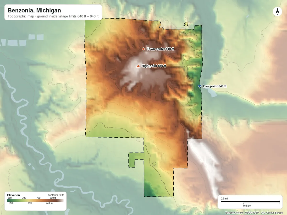 Topographic elevation map of Benzonia, Michigan, shaded from 640 ft on the southeast side to 840 ft near the middle