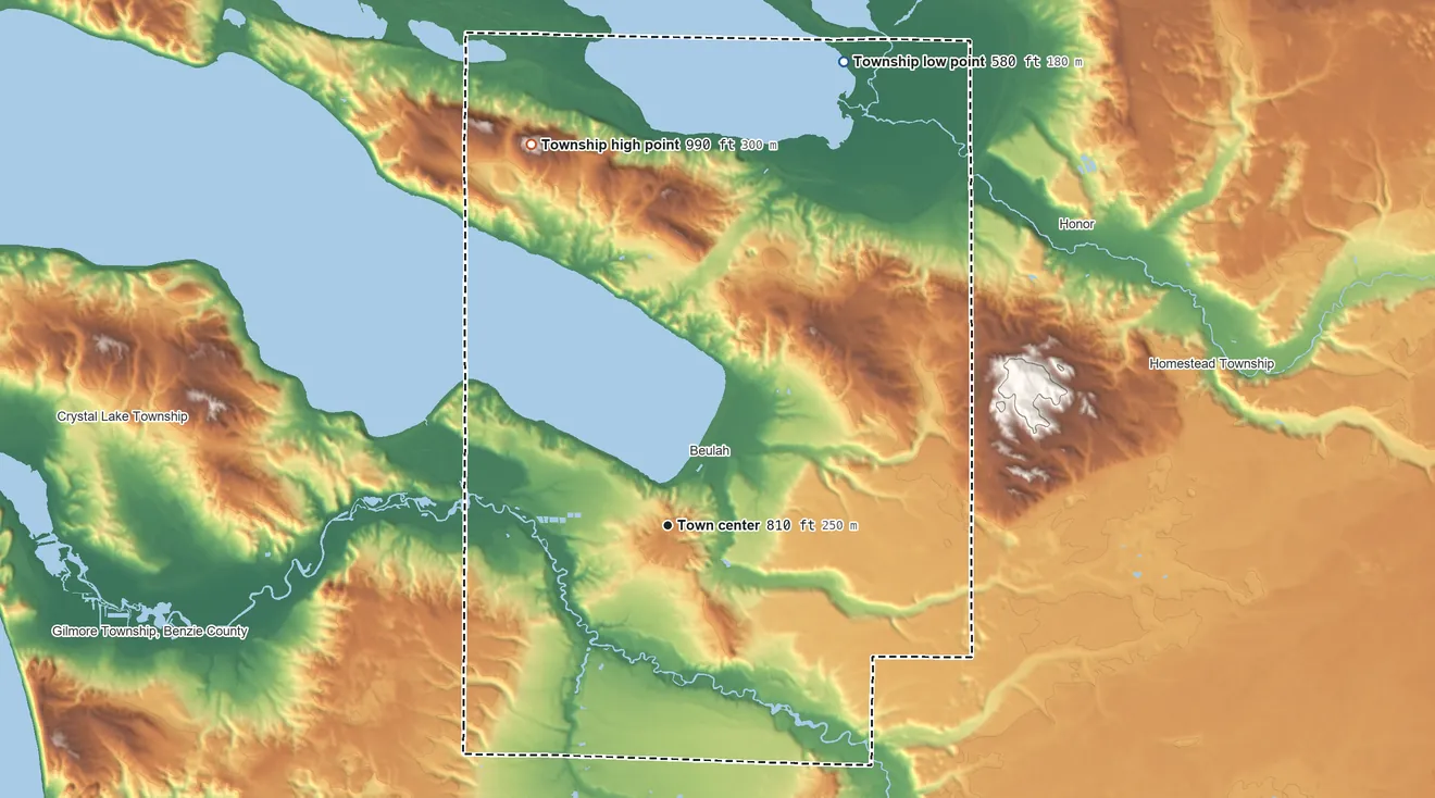 Topographic elevation map of Benzonia Township, Michigan, shaded from 580 ft on the north side to 990 ft on the north side