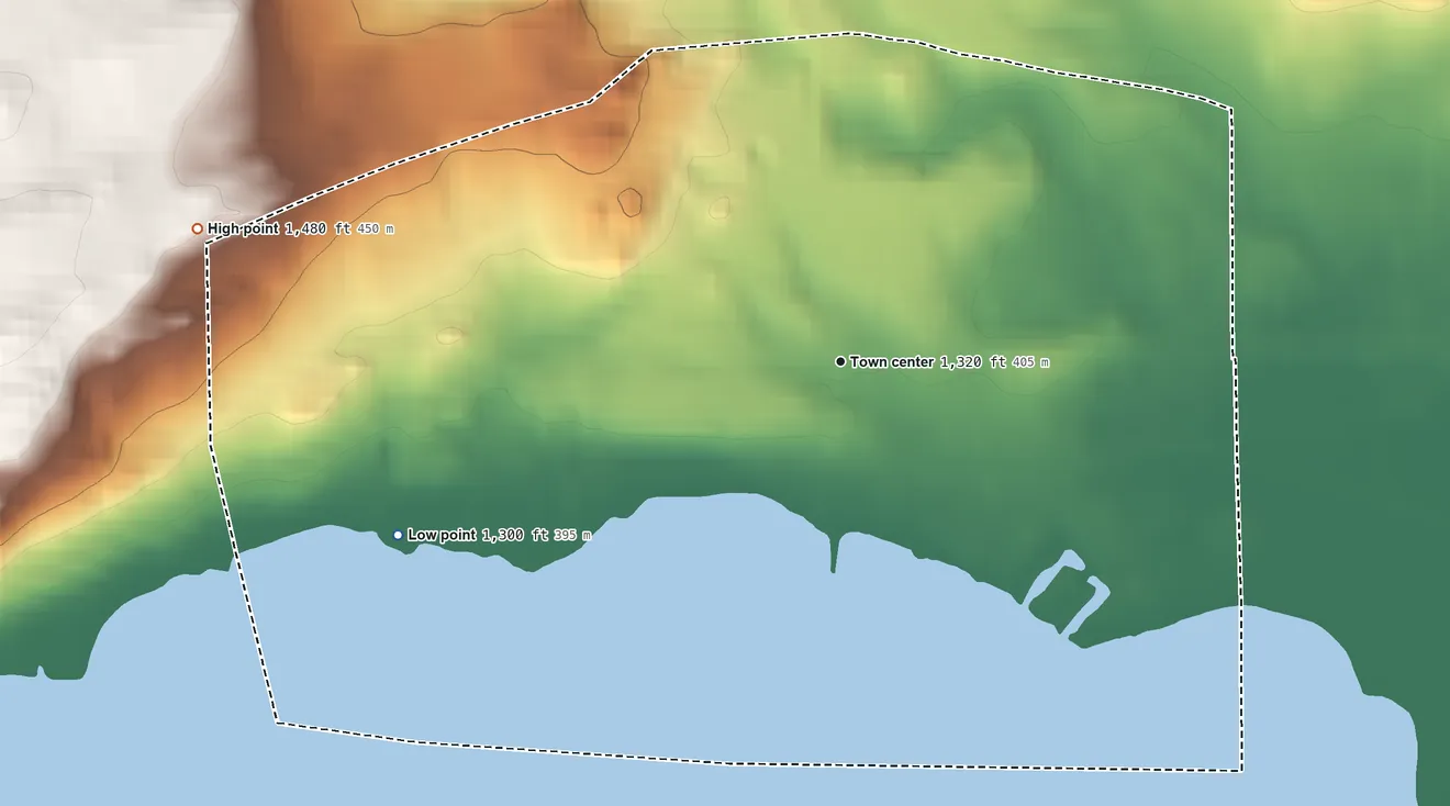 Topographic elevation map of Bergland, Michigan, shaded from 1,300 ft on the west side to 1,480 ft on the west side