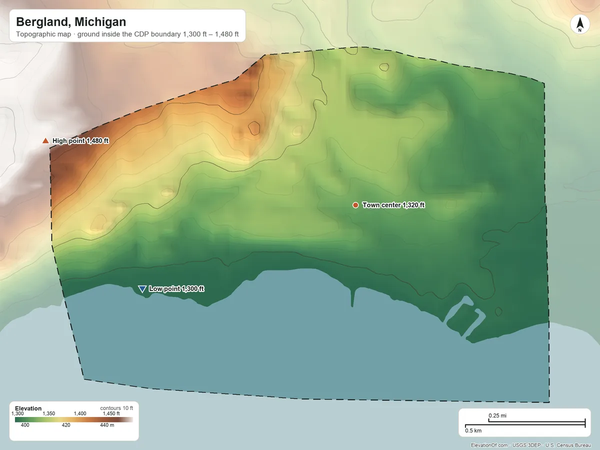 Topographic elevation map of Bergland, Michigan, shaded from 1,300 ft on the west side to 1,480 ft on the west side