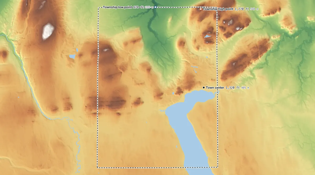 Topographic elevation map of Bergland Township, Michigan, shaded from 970 ft on the northwest side to 1,770 ft on the north side